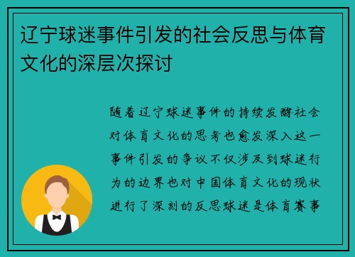 辽宁球迷事件引发的社会反思与体育文化的深层次探讨