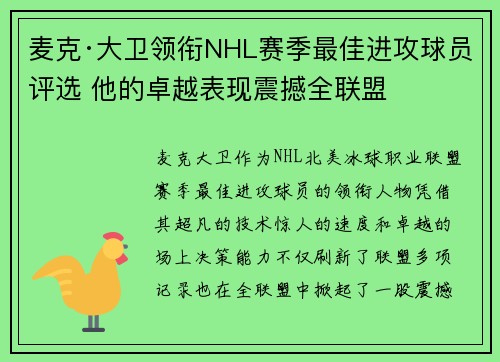 麦克·大卫领衔NHL赛季最佳进攻球员评选 他的卓越表现震撼全联盟