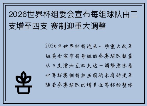 2026世界杯组委会宣布每组球队由三支增至四支 赛制迎重大调整 2026世界杯组委会宣布每组球队由三支增至四支 赛制迎重大调整